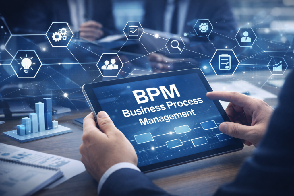 Representação da gestão por processos (BPM) aplicada a organizações, com fluxo estruturado de atividades, indicadores e integração entre áreas, destacando eficiência e padronização