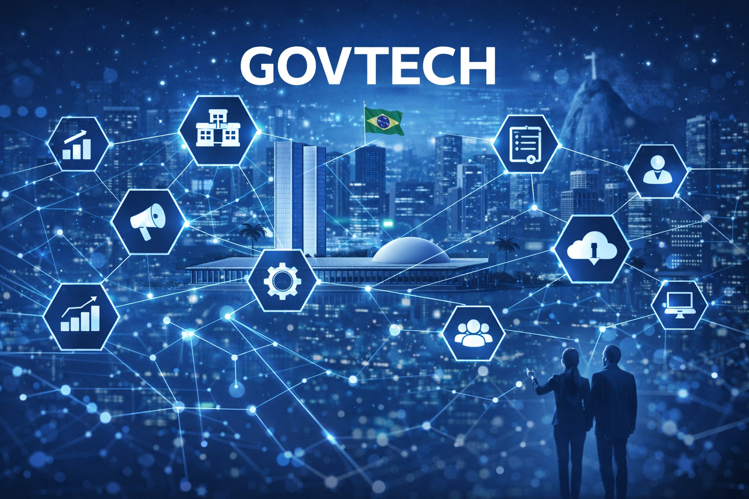 Representação de GovTechs no Brasil com integração digital entre governo, cidades e serviços públicos, destacando inovação e eficiência na gestão pública