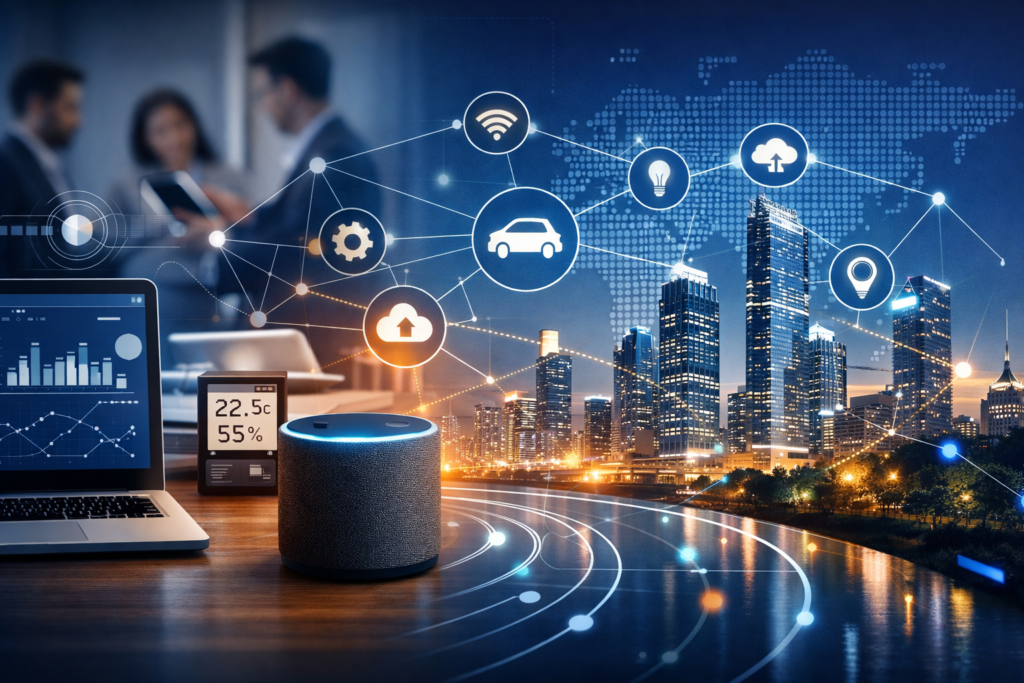 Ilustração de Internet das Coisas mostrando dispositivos conectados em ambiente corporativo e cidade inteligente, com dados integrados em tempo real