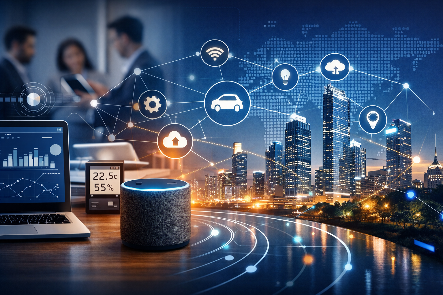 Ilustração de Internet das Coisas mostrando dispositivos conectados em ambiente corporativo e cidade inteligente, com dados integrados em tempo real