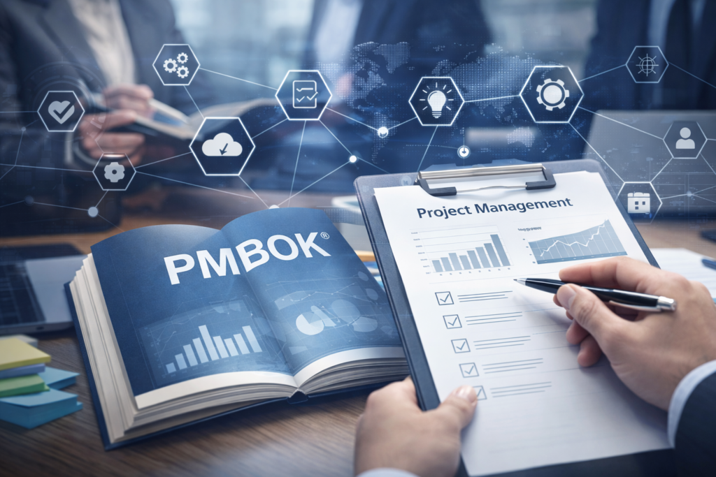 Representação do PMBOK aplicado à gestão de projetos, com planejamento estruturado, indicadores e controle de processos, destacando governança e resultados organizacionais