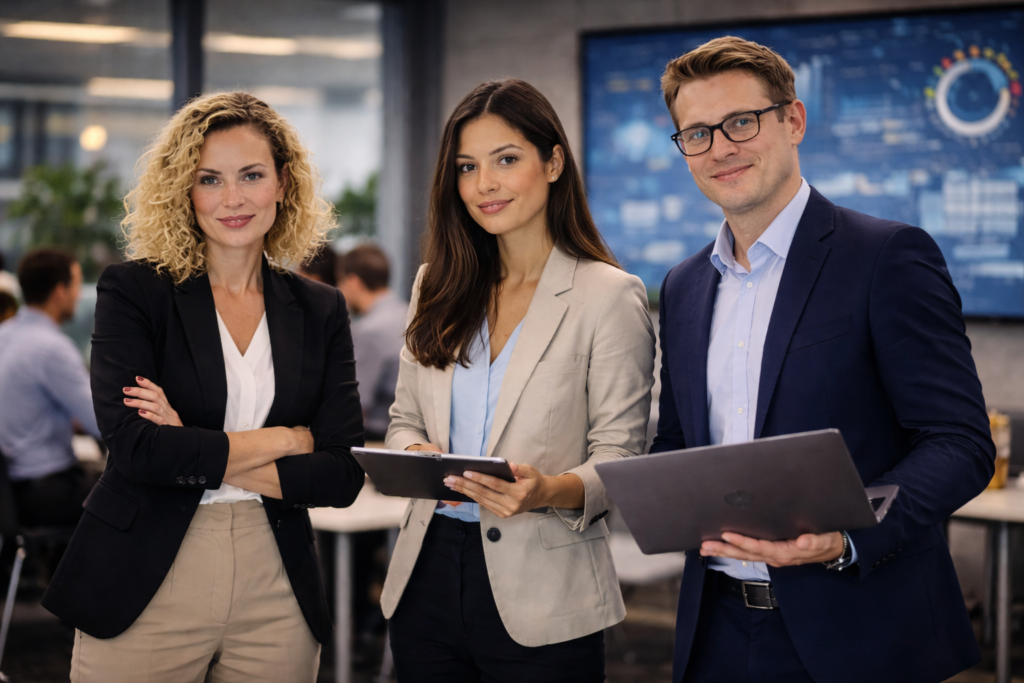 profissionais em gestão e produtividade em grupo