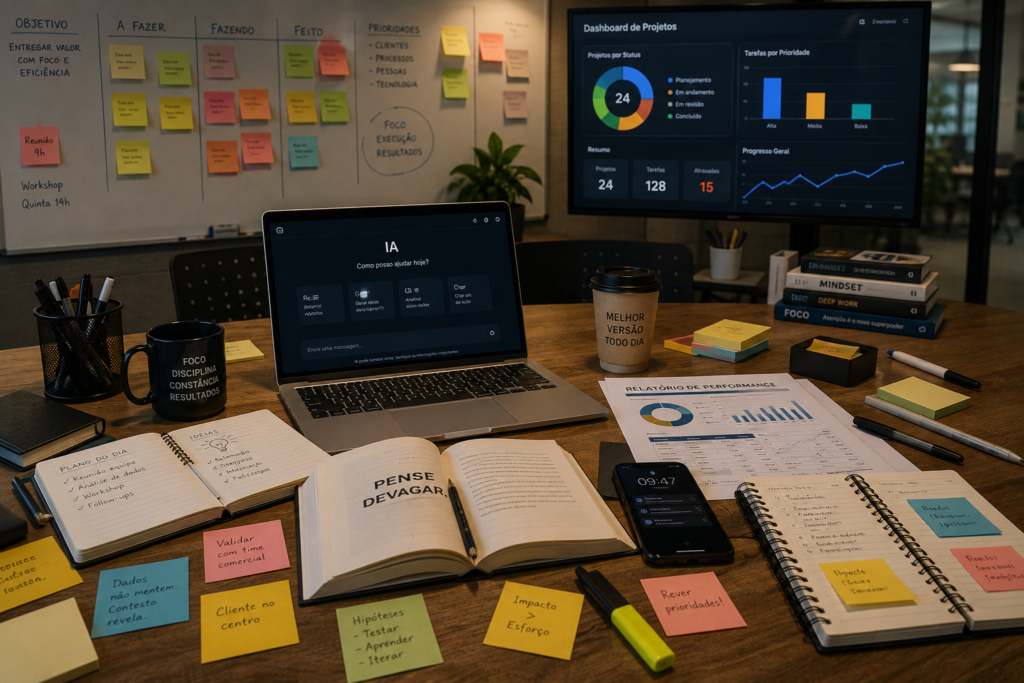 Ambiente corporativo moderno enquanto conteúdos digitais representam o fluxo intenso de informações e a relação entre Inteligência Artificial, atenção e pensamento crítico.