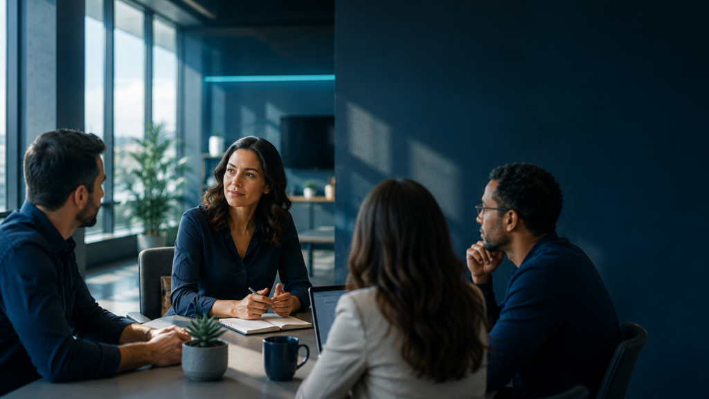 Representação de uma líder conduzindo uma reunião com sua equipe em ambiente corporativo moderno, destacando influência, colaboração, desenvolvimento de pessoas e liderança organizacional.