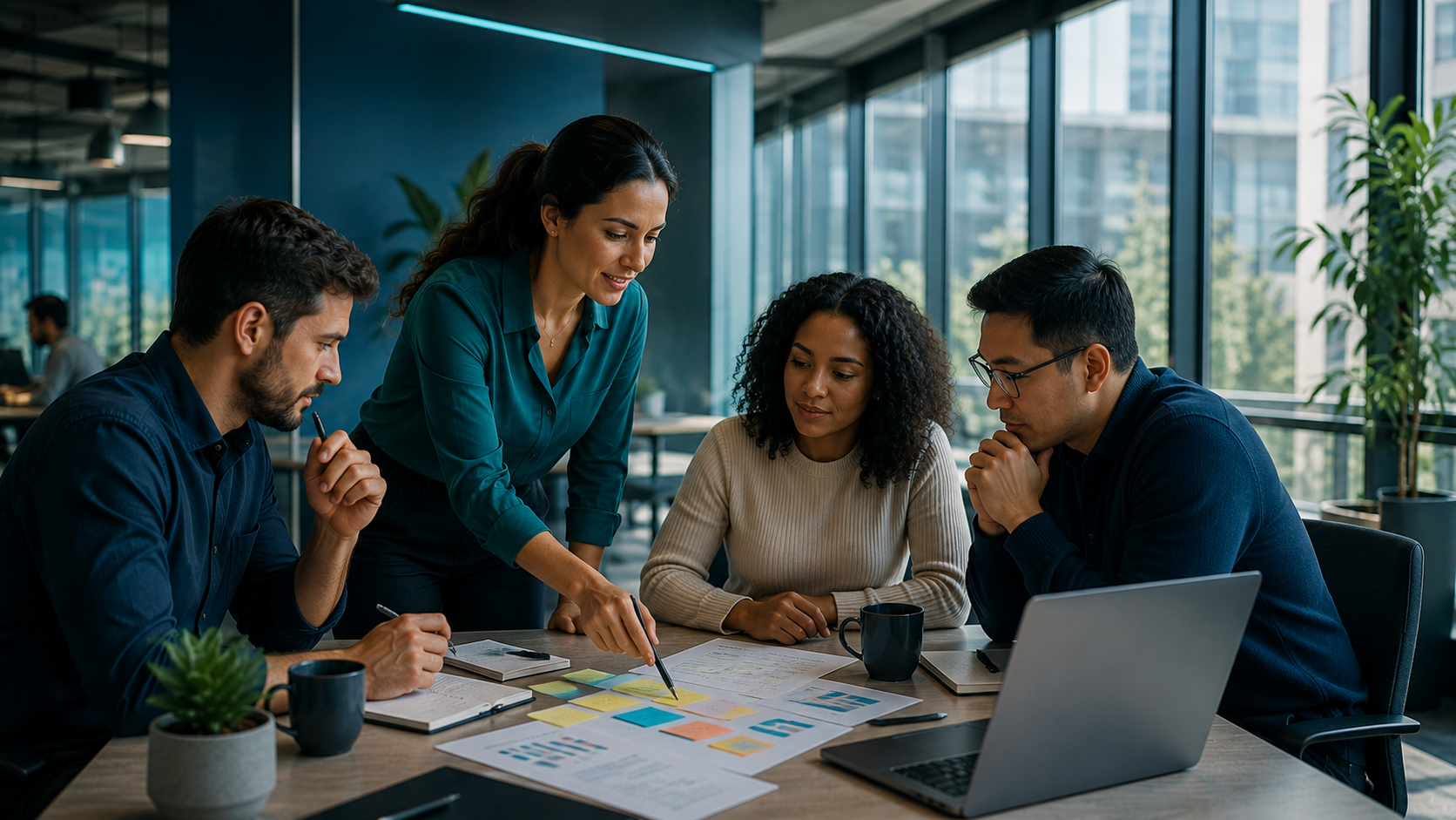 Profissional refletindo em ambiente corporativo moderno enquanto equipes colaboram ao fundo, representando a mudança de comportamento e sua influência na gestão de pessoas e organizações.