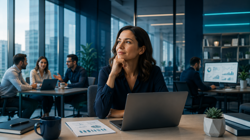 Representação da retenção de talentos em ambiente corporativo, com profissional refletindo enquanto equipes colaboram ao fundo, destacando a relação entre engajamento, desenvolvimento e alta performance organizacional.